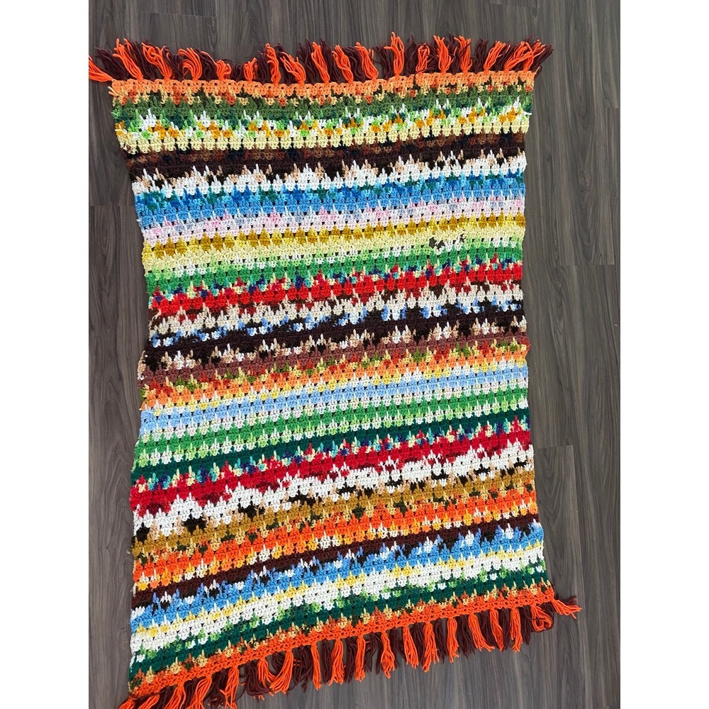 Vintage Crochet Afghan Blanket Handmade Multicolored Boho Fringe 60 x 41.5